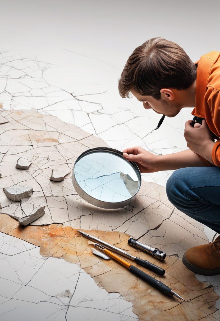 A detailed illustration of a person examining a cracked surface, with tools like magnifying glass, ruler, and repair materials spread around. The background features a gradient from dark to light, symbolizing the journey from discovery to repair. Highlight a roadmap with labeled checkpoints for assessment stages. Make it visually informative and engaging. super-realistic. vibrant colors. white background.