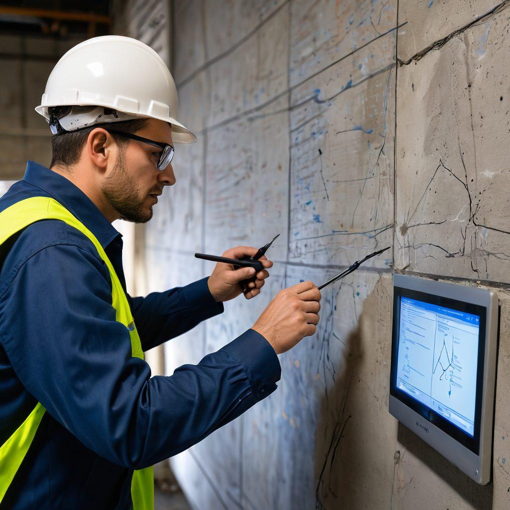 A close-up view of a structural engineer examining a concrete wall with visible cracks, holding a specialized tool for detection. Surrounding the engineer are blueprints and digital screens showcasing structural diagrams and repair strategies. The background features a construction site, emphasizing the importance of structural integrity. Bright and informative lighting enhances the details of the cracks and tools. hyper-realistic. vibrant colors. construction site background.