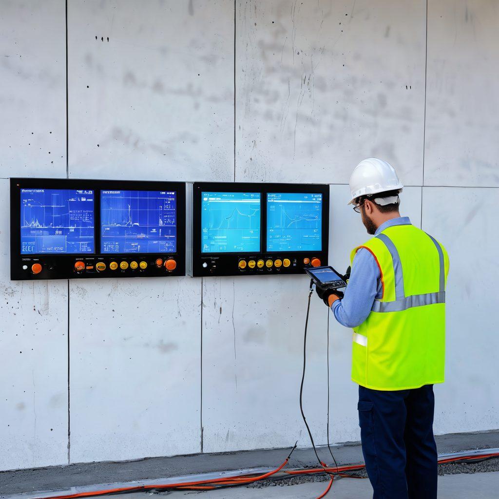 A construction site with workers actively monitoring cracks in a concrete wall, using advanced tools and technologies. Display a detailed view of a digital monitoring screen highlighting crack measurements alongside a repair team in the background. Include safety equipment like hard hats and gloves to emphasize safety. The scene is set in a bright, outdoor environment, showcasing a blend of industrial and technology elements. super-realistic. vibrant colors. white background.